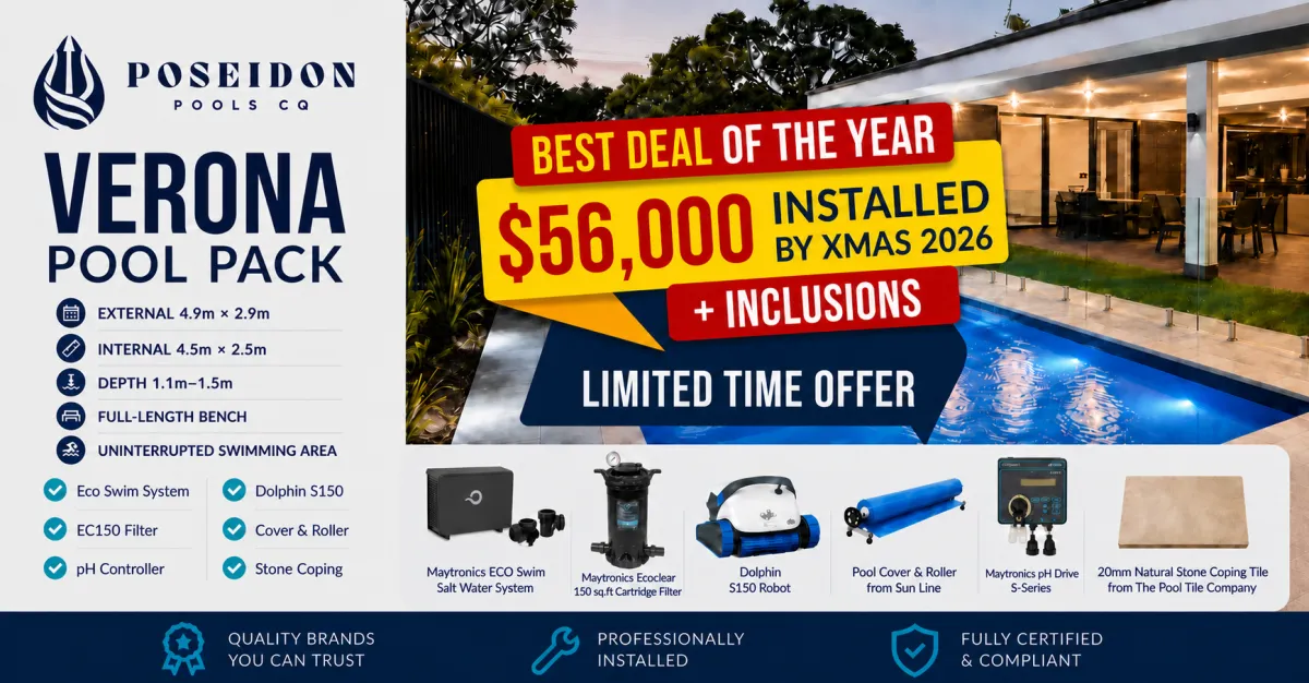 Verona Pool Pack $56,000 installed by Christmas 2026 with inclusions and official pool dimensions
