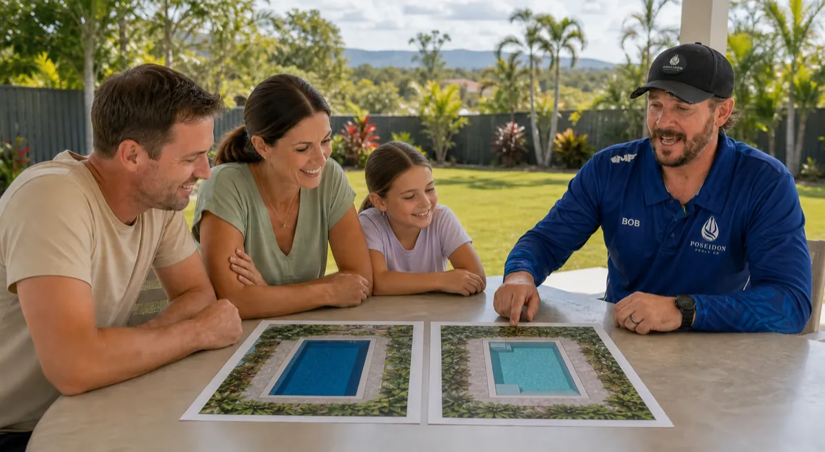 Bob from Poseidon Pools CQ helping a family compare swimming pool options