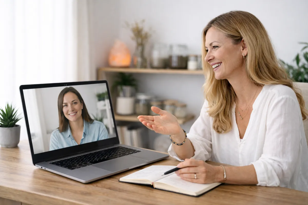 En kvinna som är utbildad hälsoterapeut som coachar över datorn