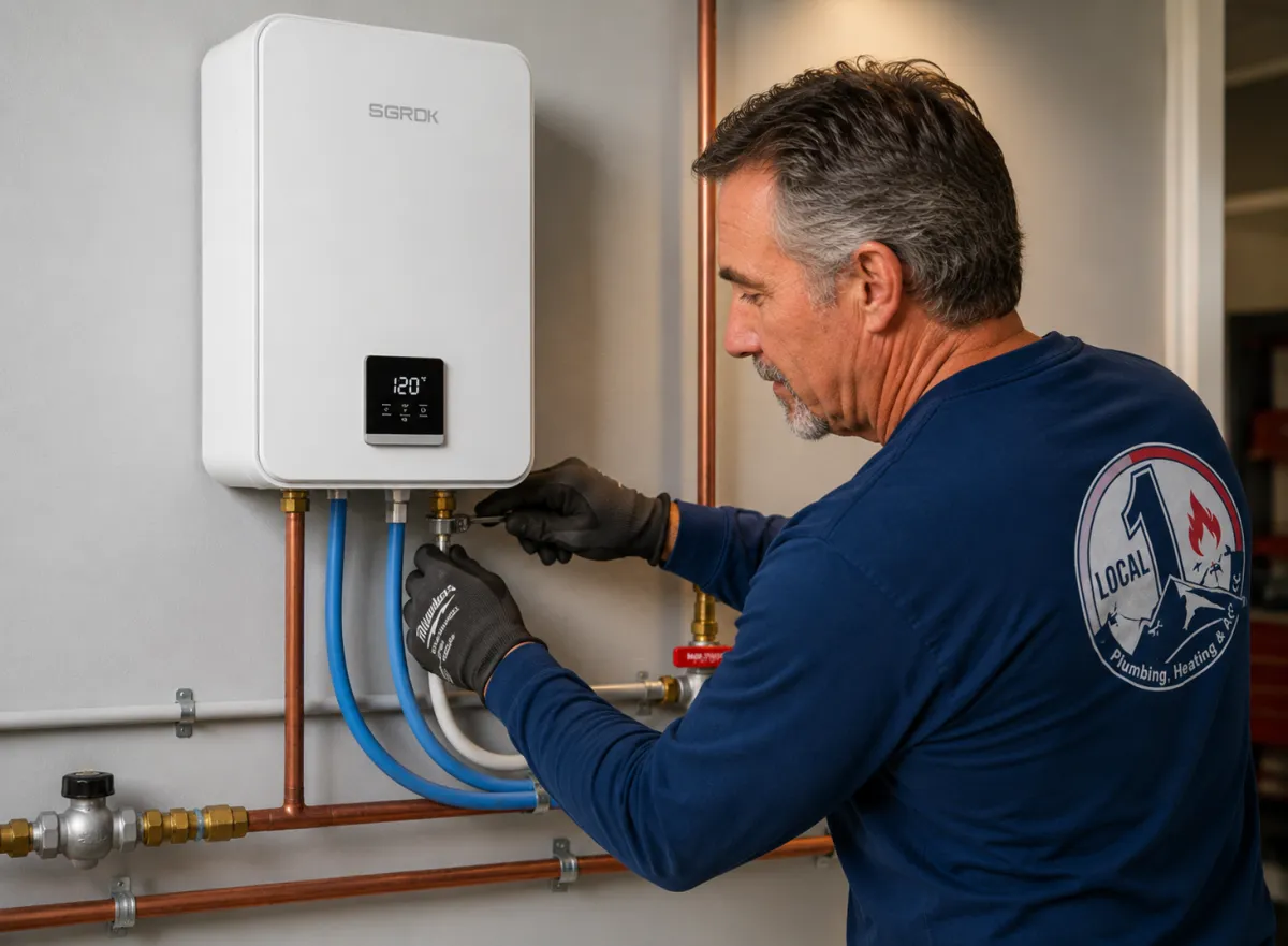 Modern tankless water heater wall-mounted installation