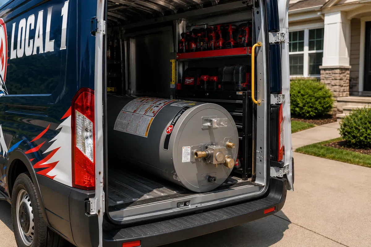 Professional plumber removing an old water heater tank