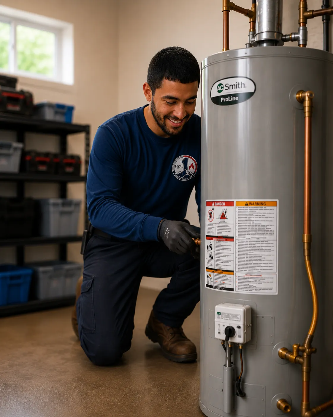 Professional diagnosing a water heater repair