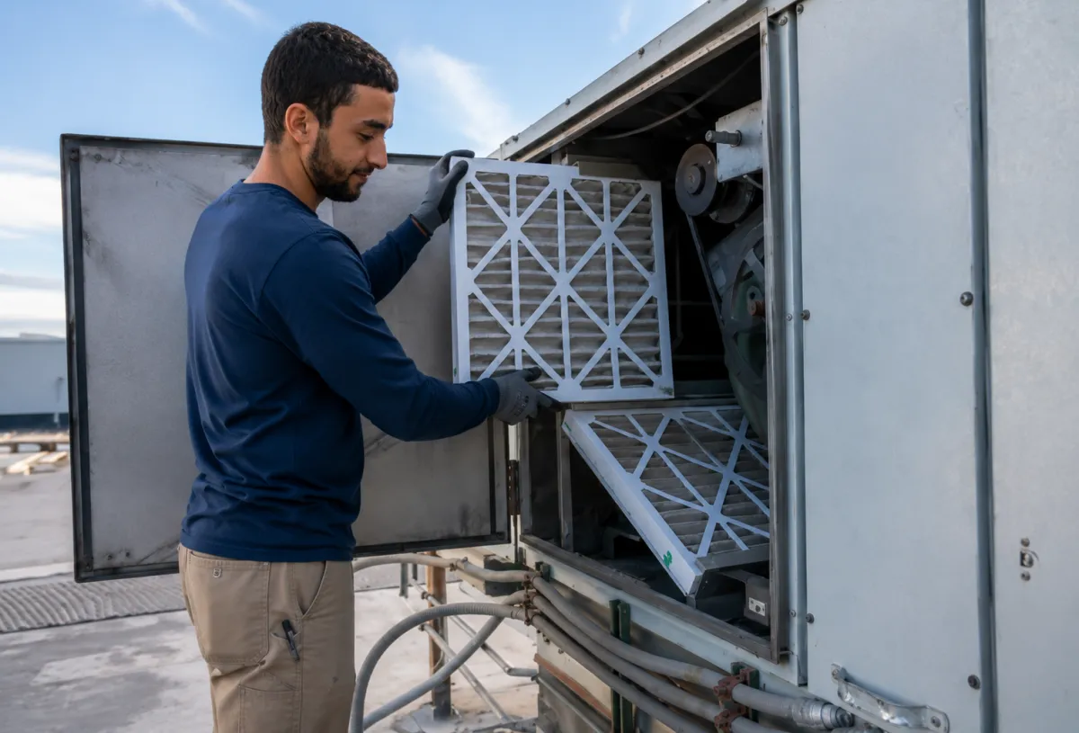 Technician performing seasonal evaporative cooler maintenance