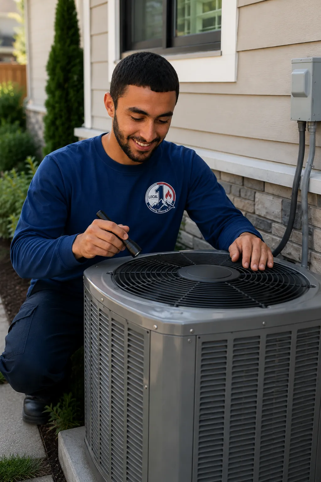 Professional HVAC technician servicing an outdoor air conditioning unit in Colorado