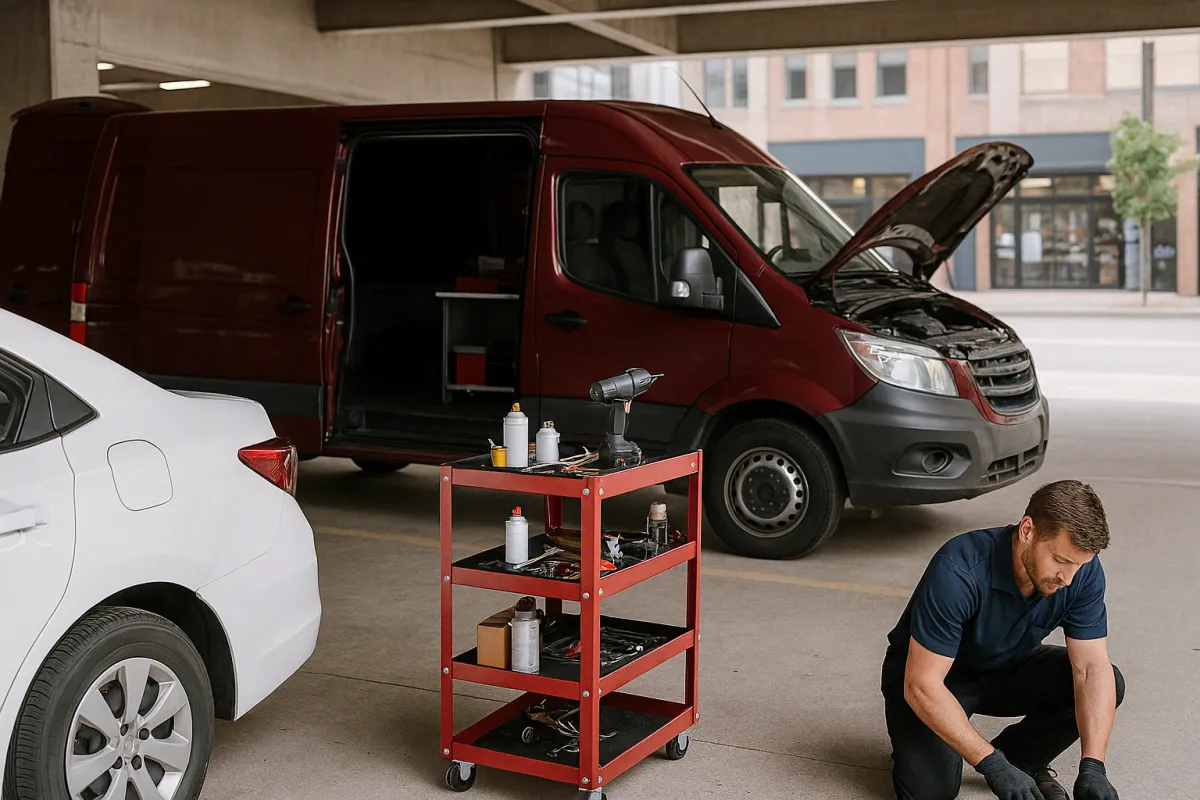 Mobile mechanic repairing a delivery vehicle used by independent contractors and small business owners on-site