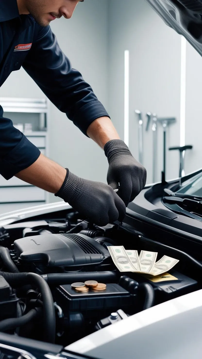 Mechanic working on a car engine with money in the background, symbolizing affordable auto repair and savings for gig drivers