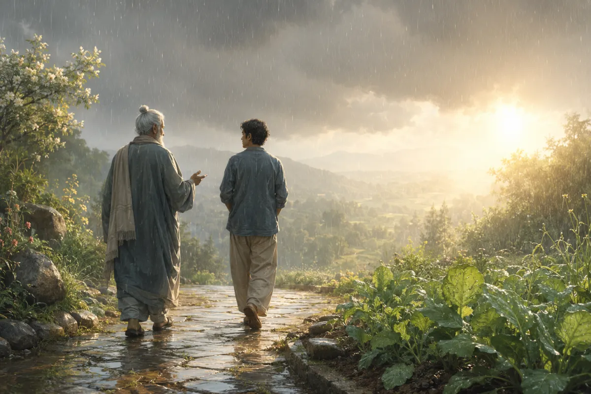 Maestro y aprendiz caminando bajo la lluvia hacia la luz en un jardín