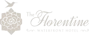 The Florentine Waterfront Hotel logo, a white hummingbird above a rose emblem on a black background