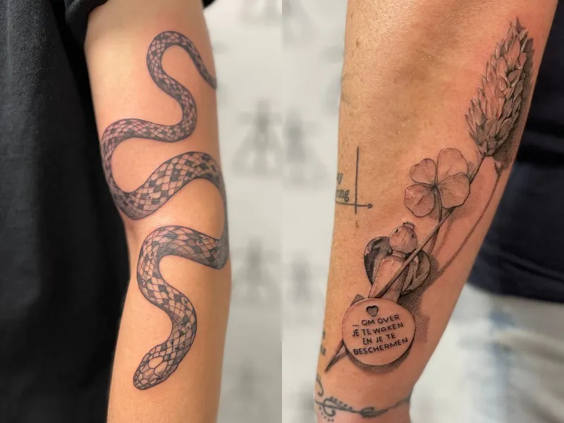 Close-up van een fijn gedetailleerde tattoo door Alex