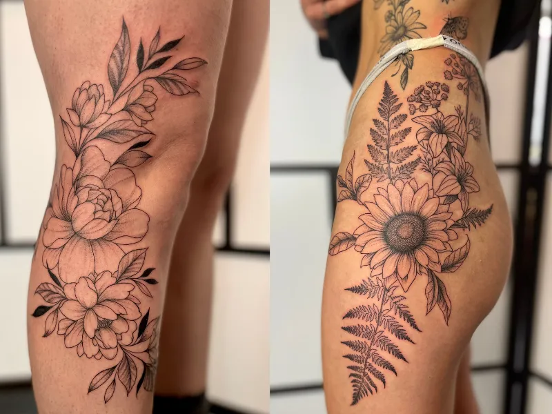 Fineline floral tattoo gezet door Dave bij Iris Tattoo Art Deventer