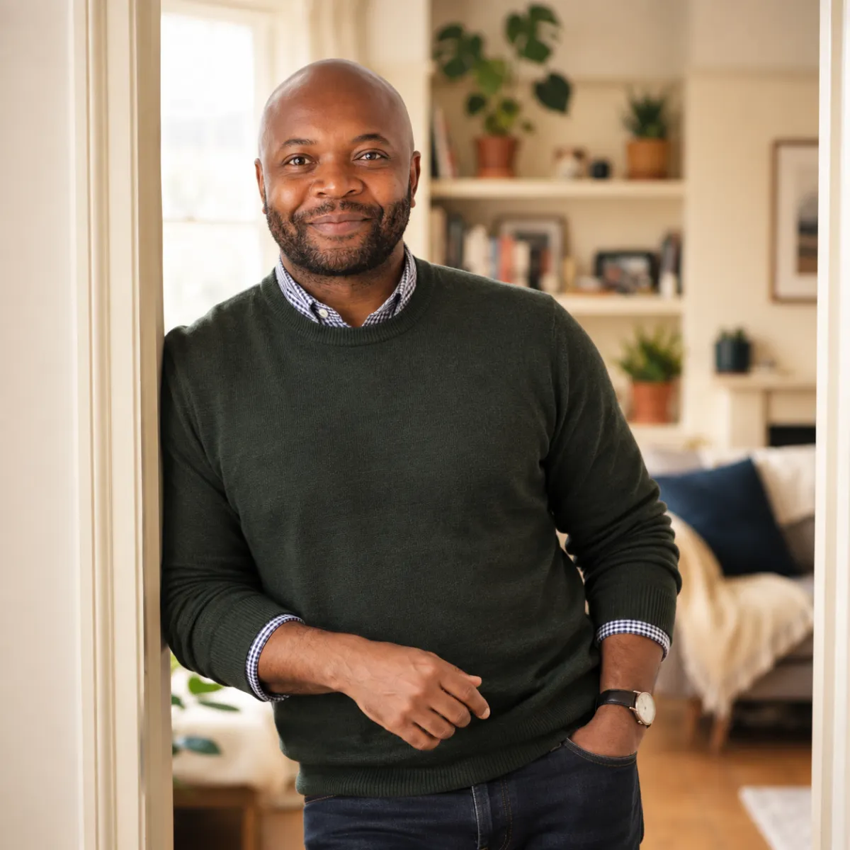 Framed photograph of the same smiling man, this time wearing a dark green sweater over a collared shirt, standing indoors near a doorway and plant.