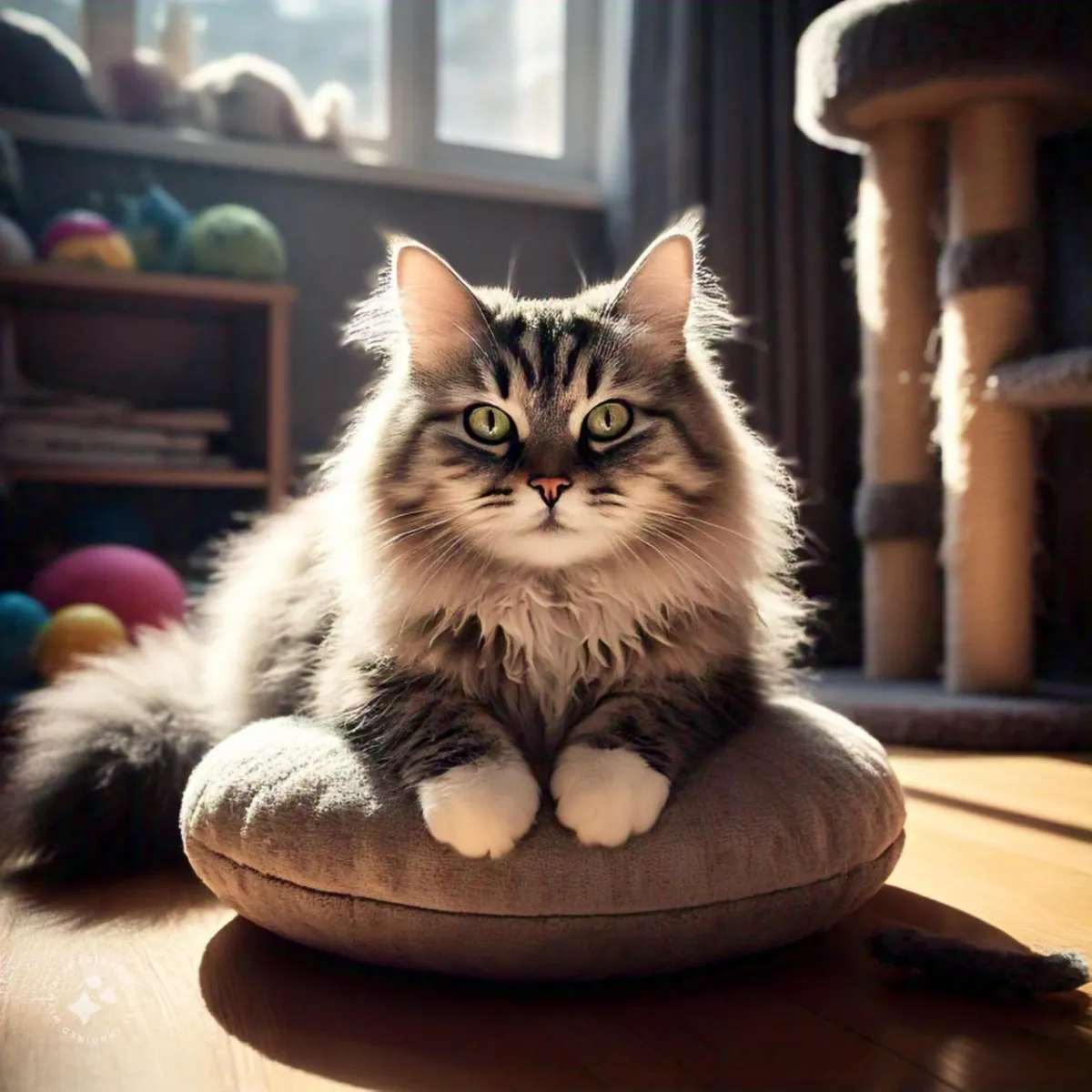 silver tabby cat on gray pillow beside clear glass window