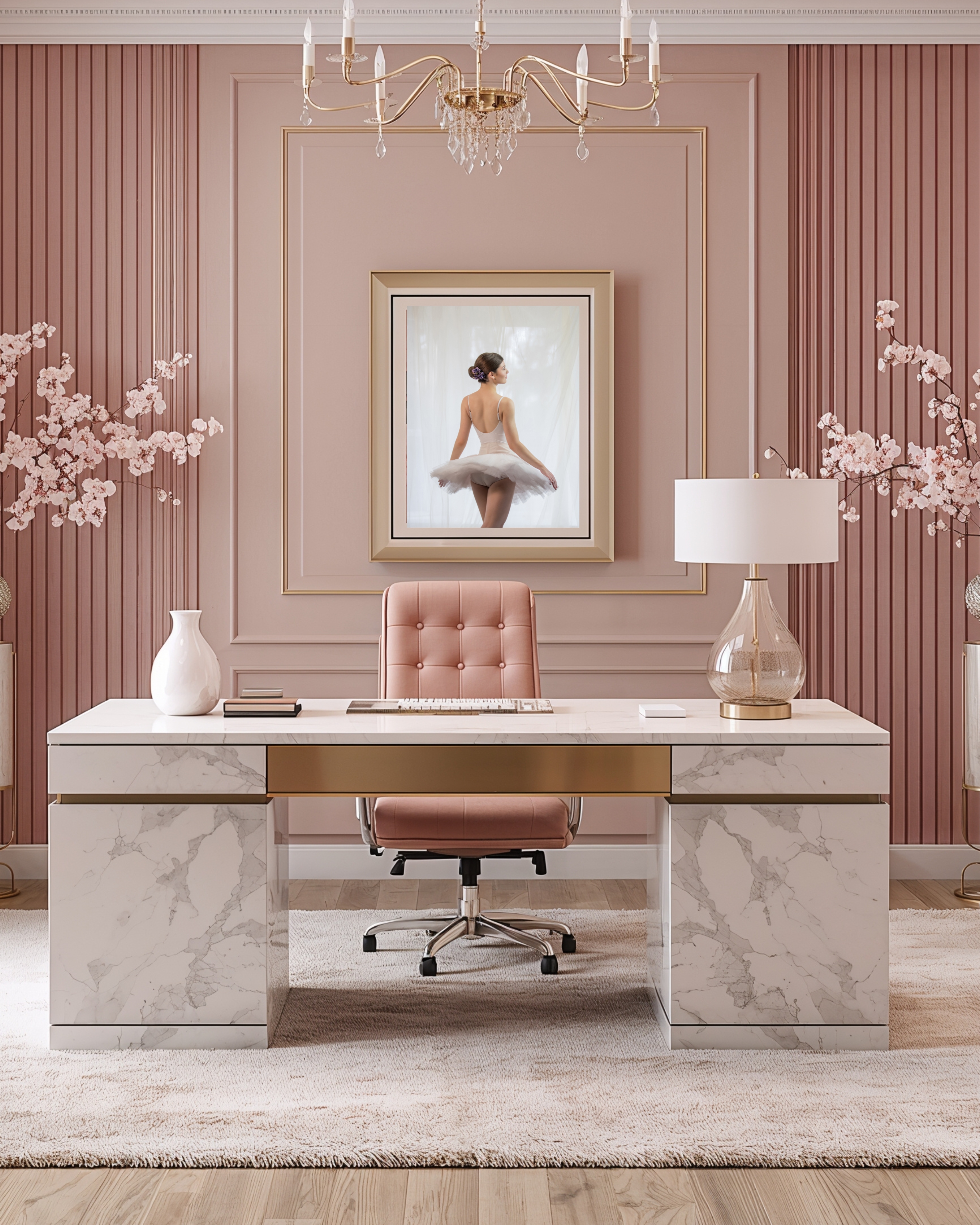 Interior room with framed dog portrait art
