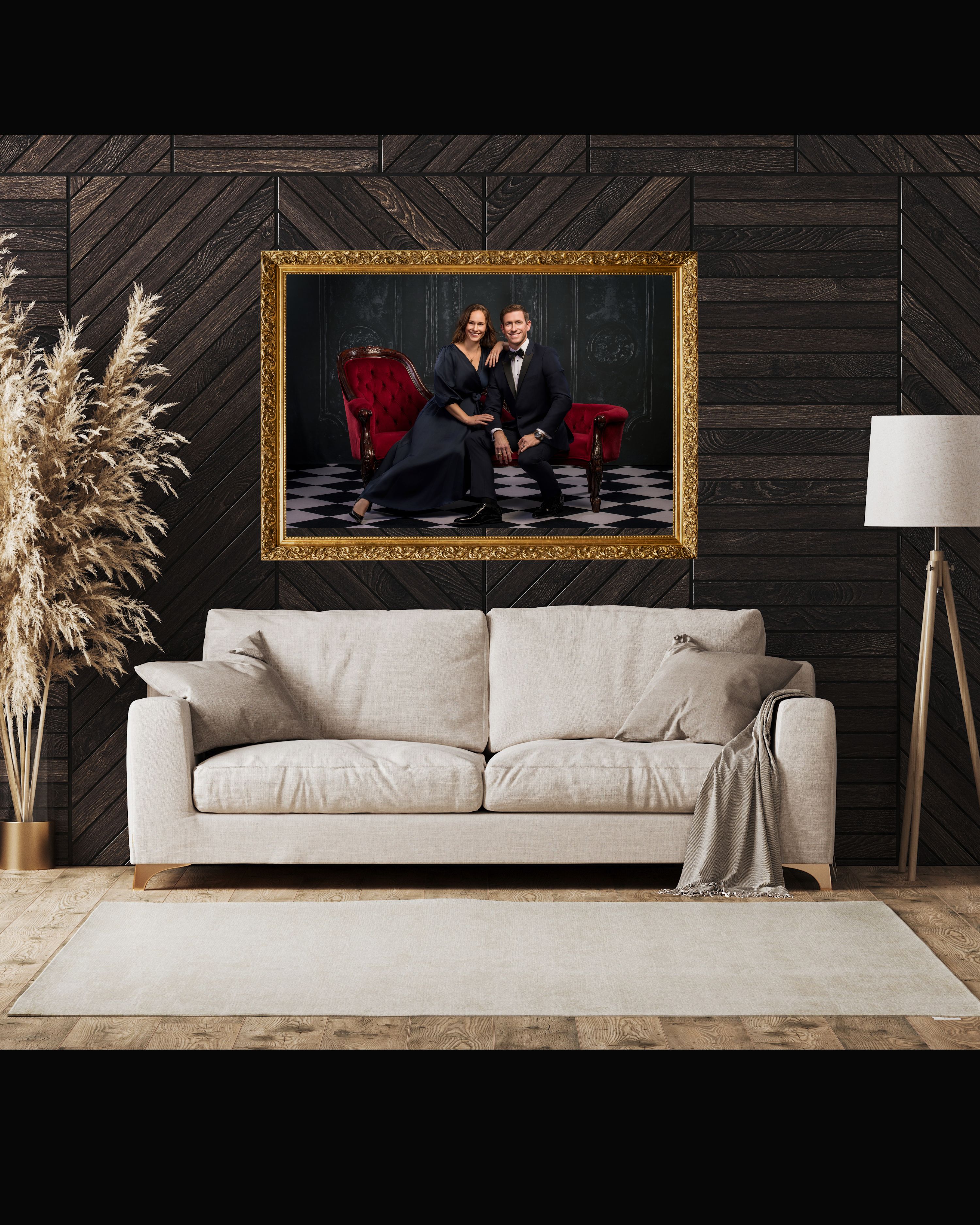Interior room with framed dog portrait art
