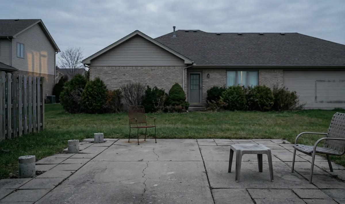 A suburban patio with undefined outdoor space next to a home, showing the potential for a pergola transformation.