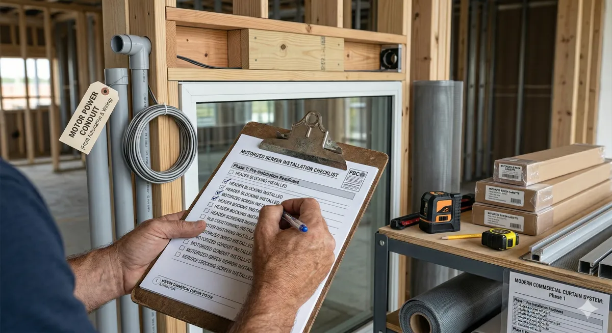 Installer reviewing a motorized screen installation checklist on a clipboard at a wood-frame construction site during rough-in phase, with header blocking installed, motor power conduit labeled and routed, and motorized screen cassette housing visible in the framed opening