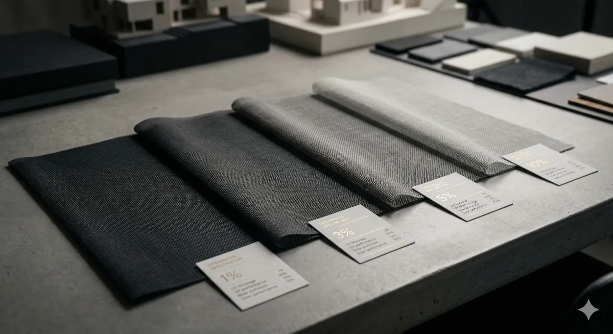 Four motorized screen fabric samples displayed by openness factor — 1%, 3%, 5%, and 10% — showing increasing light transmission and visibility from left to right, with technical specification cards for UV performance and weave density