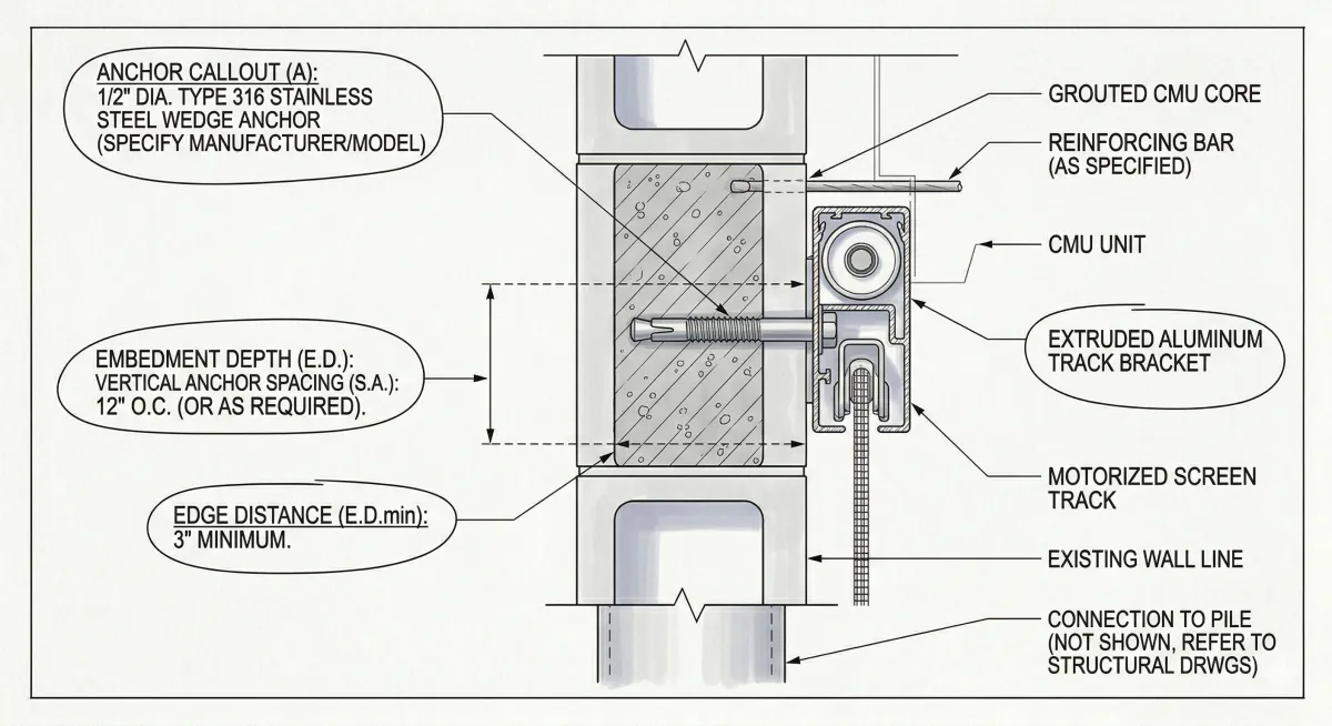 Technical detail drawing of motorized screen track attachment to grouted CMU masonry wall using half-inch diameter Type 316 stainless steel wedge anchors with 12-inch on-center vertical spacing, 3-inch minimum edge distance, extruded aluminum track bracket, and reinforcing bar in grouted core