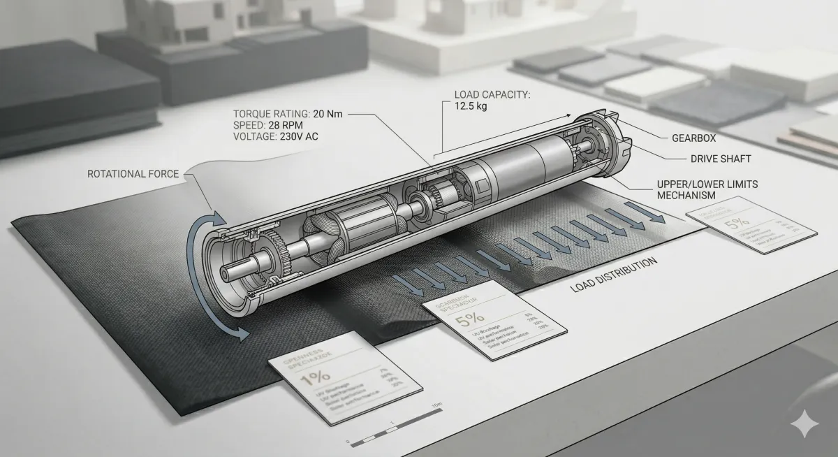 Technical cutaway diagram of a motorized screen tubular motor showing gearbox, drive shaft, and upper/lower limit mechanism with specifications: 20 Nm torque rating, 28 RPM speed, 230V AC voltage, and 12.5 kg load capacity, with load distribution percentages across the roller assembly