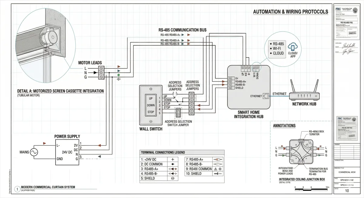 Wiring schematic for motorized screen smart home integration showing tubular motor cassette connected via RS-485 communication bus to wall switch with address selection jumpers, 24V DC power supply from mains, and smart home integration hub supporting RS-485, Wi-Fi, and cloud connectivity through ethernet network hub with terminal connections legend