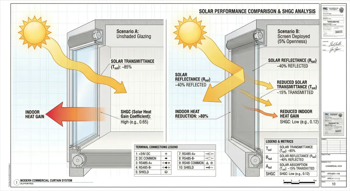 Side-by-side solar performance comparison diagram showing Scenario A with unshaded glazing at approximately 85% solar transmittance and high SHGC of 0.65, versus Scenario B with 5% openness motorized screen deployed reducing solar transmittance to approximately 15%, reflecting 40% of solar energy, and lowering SHGC to 0.12 with greater than 80% indoor heat reduction