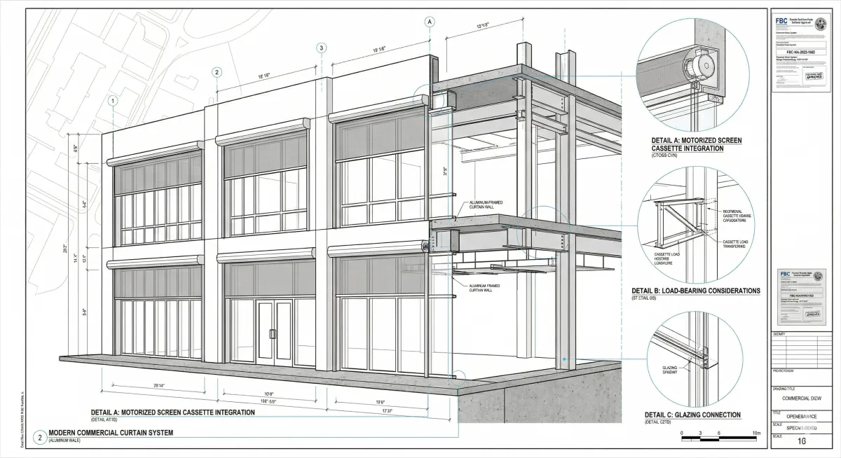 Commercial building architectural drawing with motorized screen cassette integration details showing aluminum-framed curtain wall system, load-bearing considerations at steel structure connections, glazing connection detail, and recessed motorized screen cassettes at multiple floor levels of a multi-story commercial facade