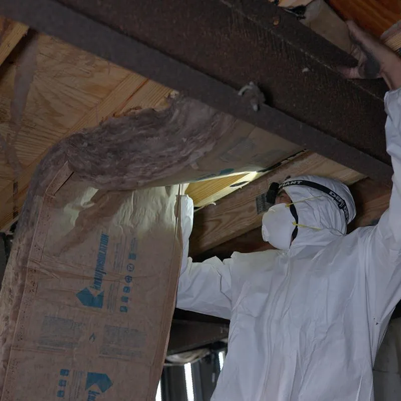 A technician from Vapor Barrier Bradenton installing a new, thick white vapor barrier under a mobile home in Bradenton, FL.