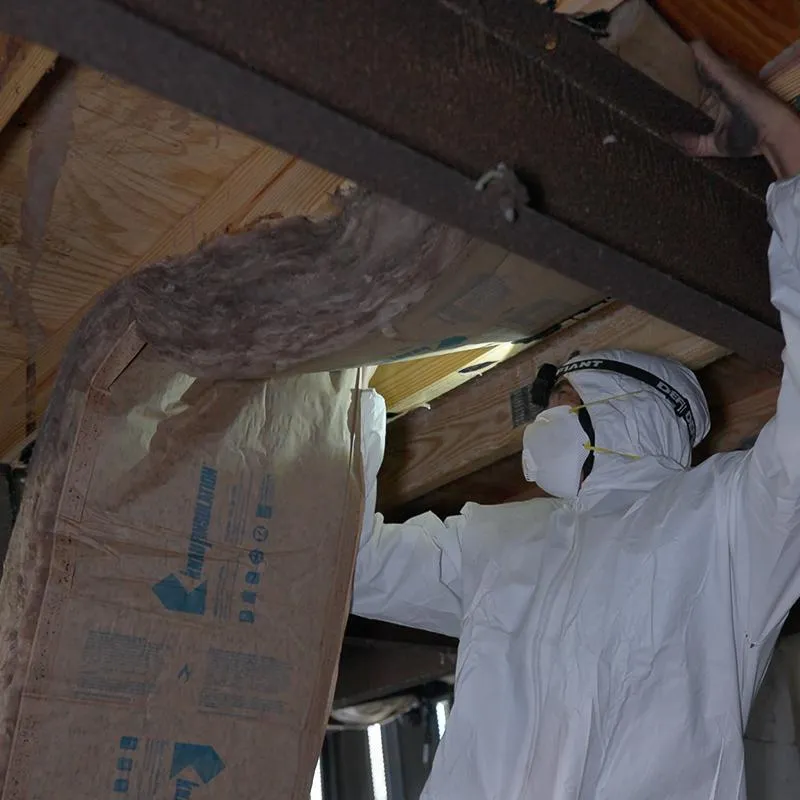 A technician from Vapor Barrier Bonita Springs installing a new, thick white vapor barrier under a mobile home in Bonita Springs, FL.