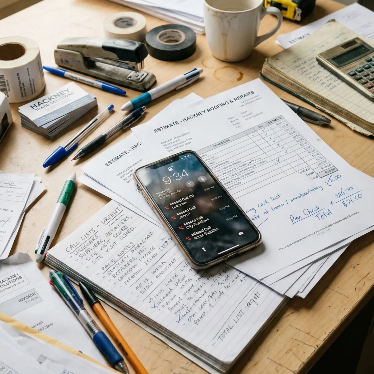 Busy work desk with scattered paperwork and a phone showing missed calls, representing lost business opportunities.