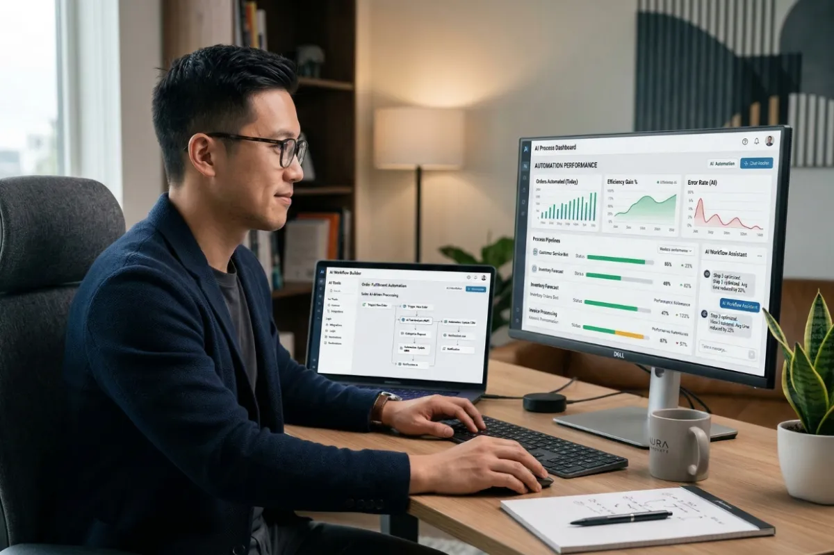 Remote operations specialist reviewing documented SOP and workflow automation