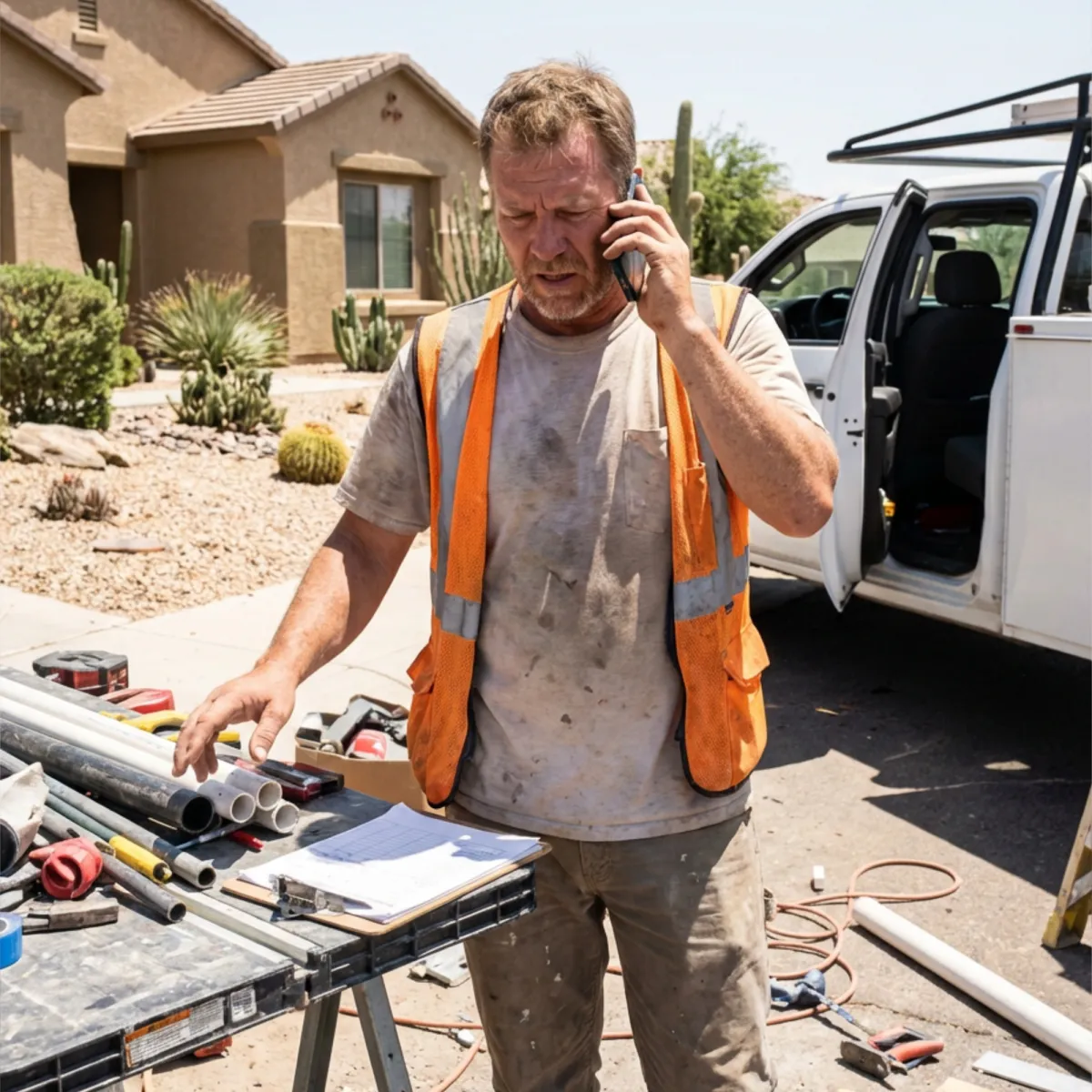 tradesman on job site taking calls