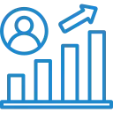 Icon of a person with a bar chart and upward arrow, representing flexible and scalable services to match client needs