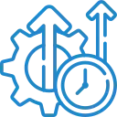 Icon of gears with an upward arrow and a clock, symbolizing CGX’s performance-based monitoring and productivity tracking