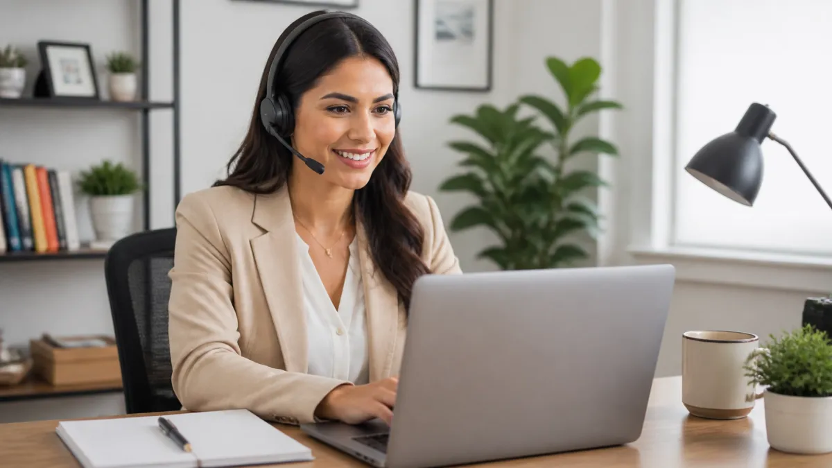 A professional Latin American virtual assistant working in a clean, modern home office, wearing a headset and managing a CRM on a laptop, symbolizing the high-value remote front office support provided by CGX Virtual Solutions.