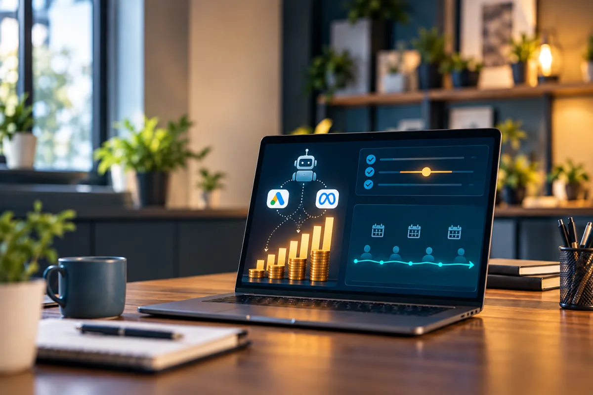 Laptop on an office desk displaying automated advertising, rising ad spend, and a flat customer booking trend.