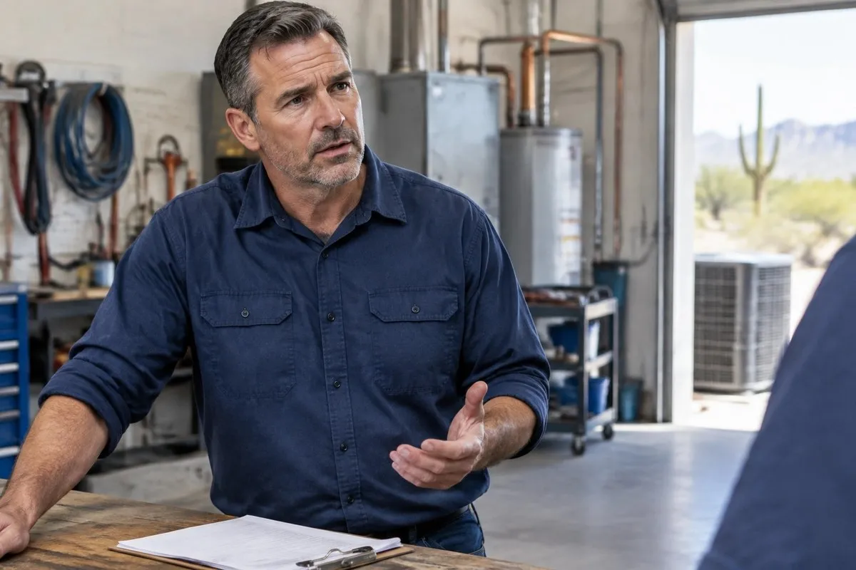 Service business owner in his shop learning a customer’s inquiry never arrived