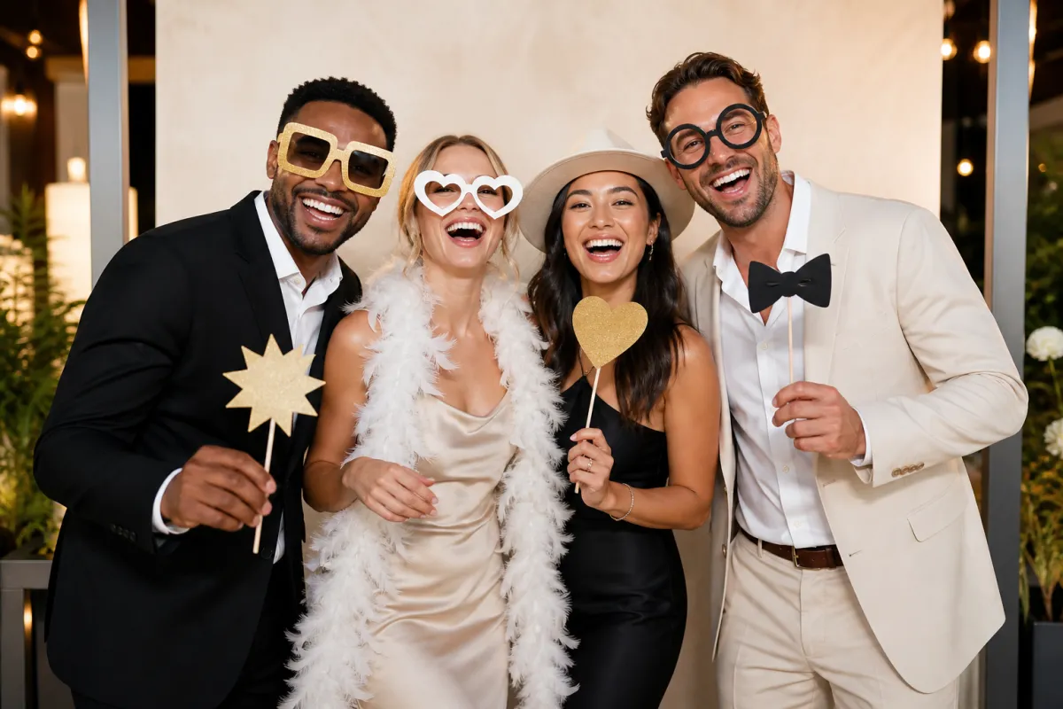 Party guests posing with fun photo booth props