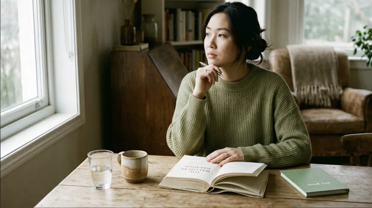 woman sitting pensively looking out the window thinking 