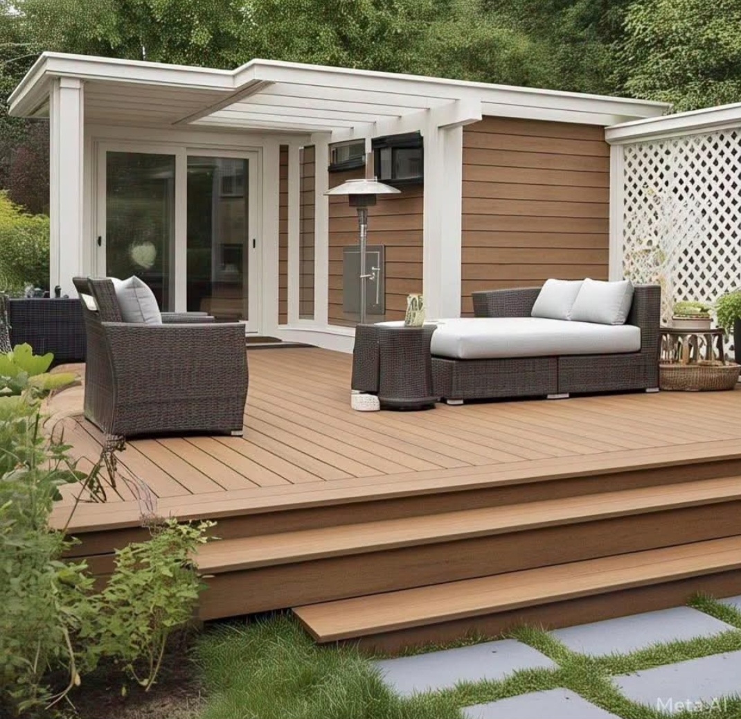 Modern backyard deck with composite decking, wide steps, pergola-style patio cover, and outdoor wicker lounge furniture beside sliding glass doors
