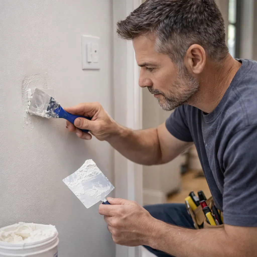 Handyman repairing drywall with joint compound and putty knife during interior wall repair