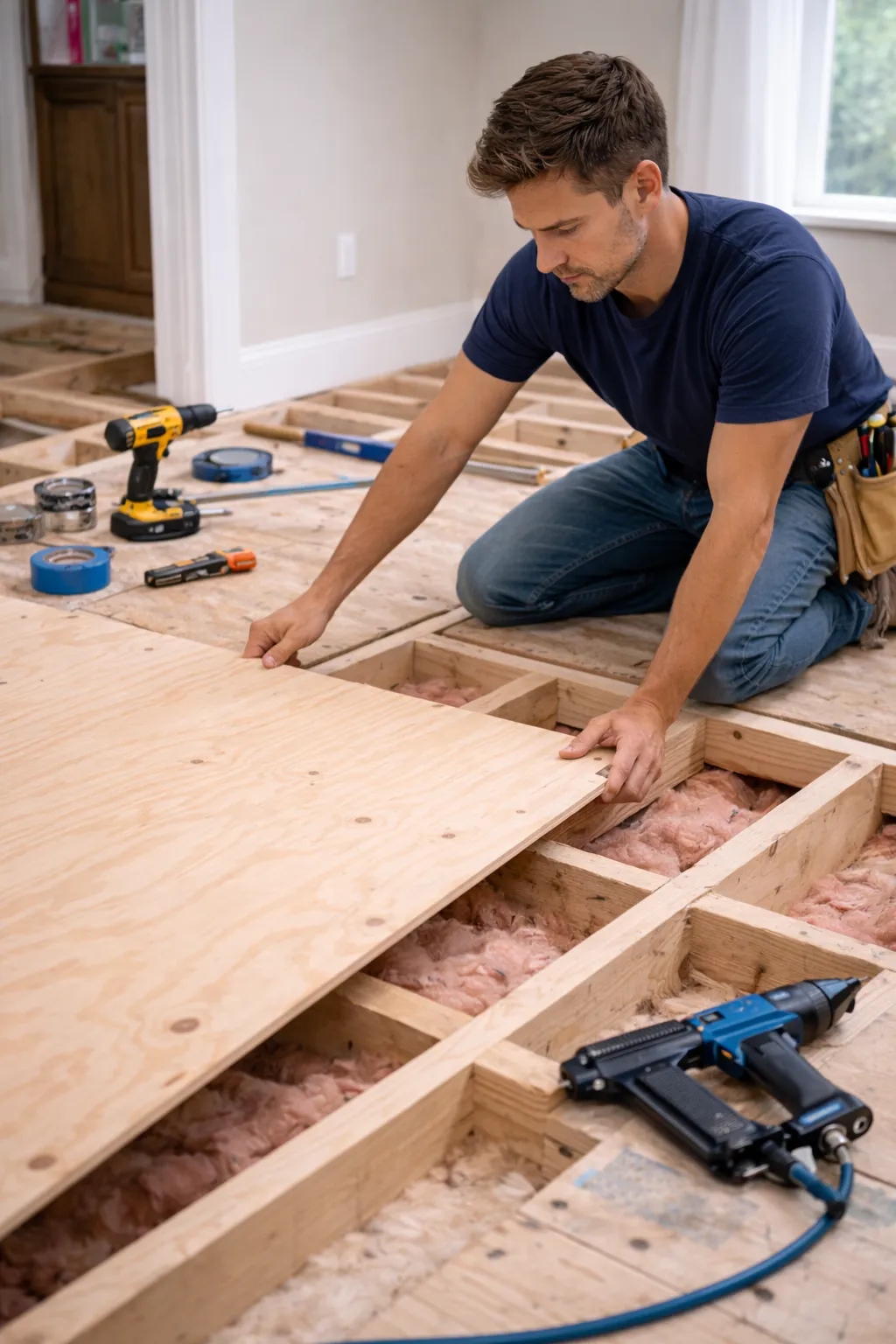 Handyman installing subfloor plywood over floor joists during home renovation project