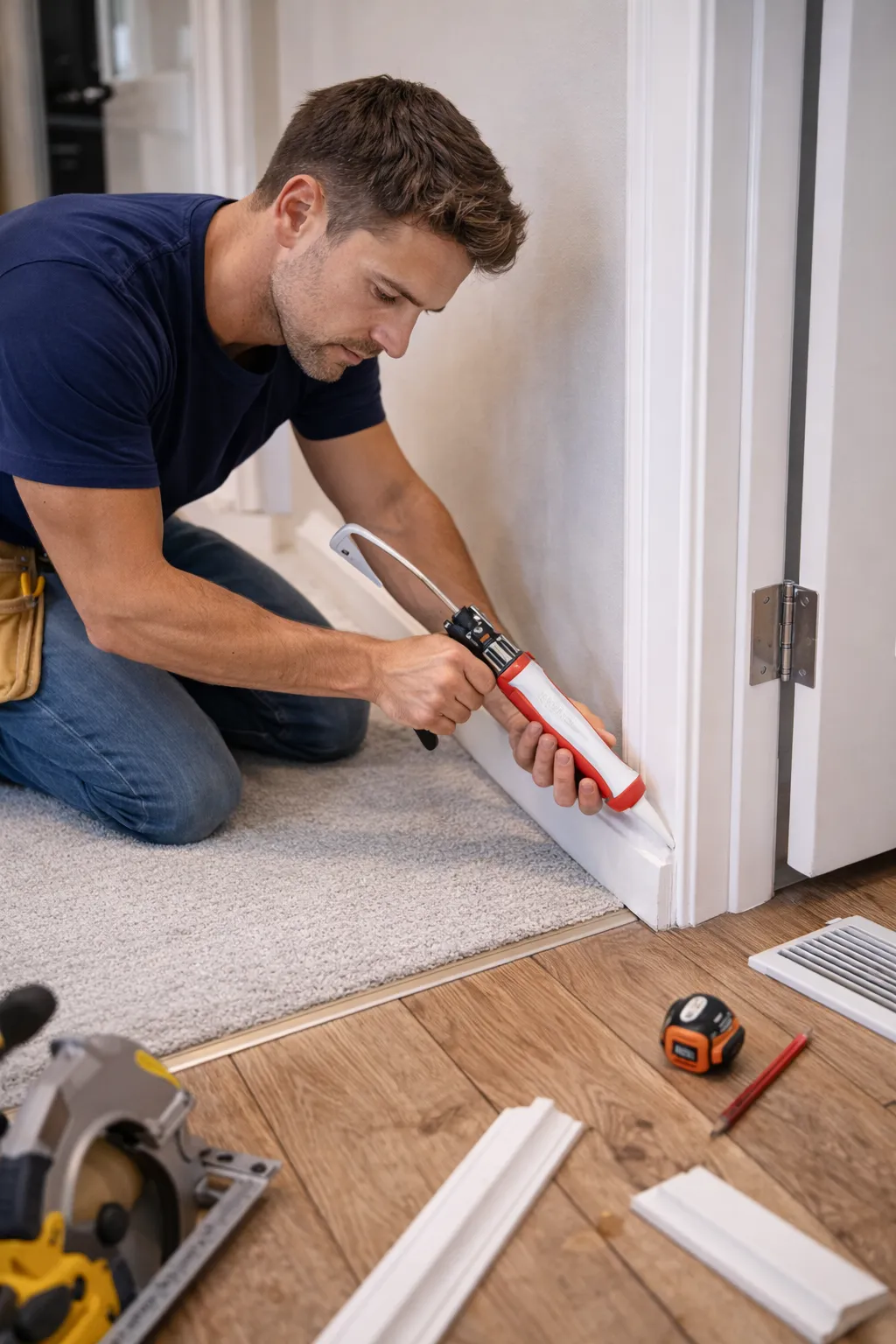 Handyman caulking baseboard trim with sealant during interior home finishing work