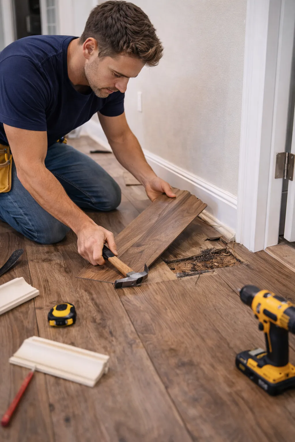 Handyman repairing damaged laminate flooring and replacing broken floorboard during home floor repair