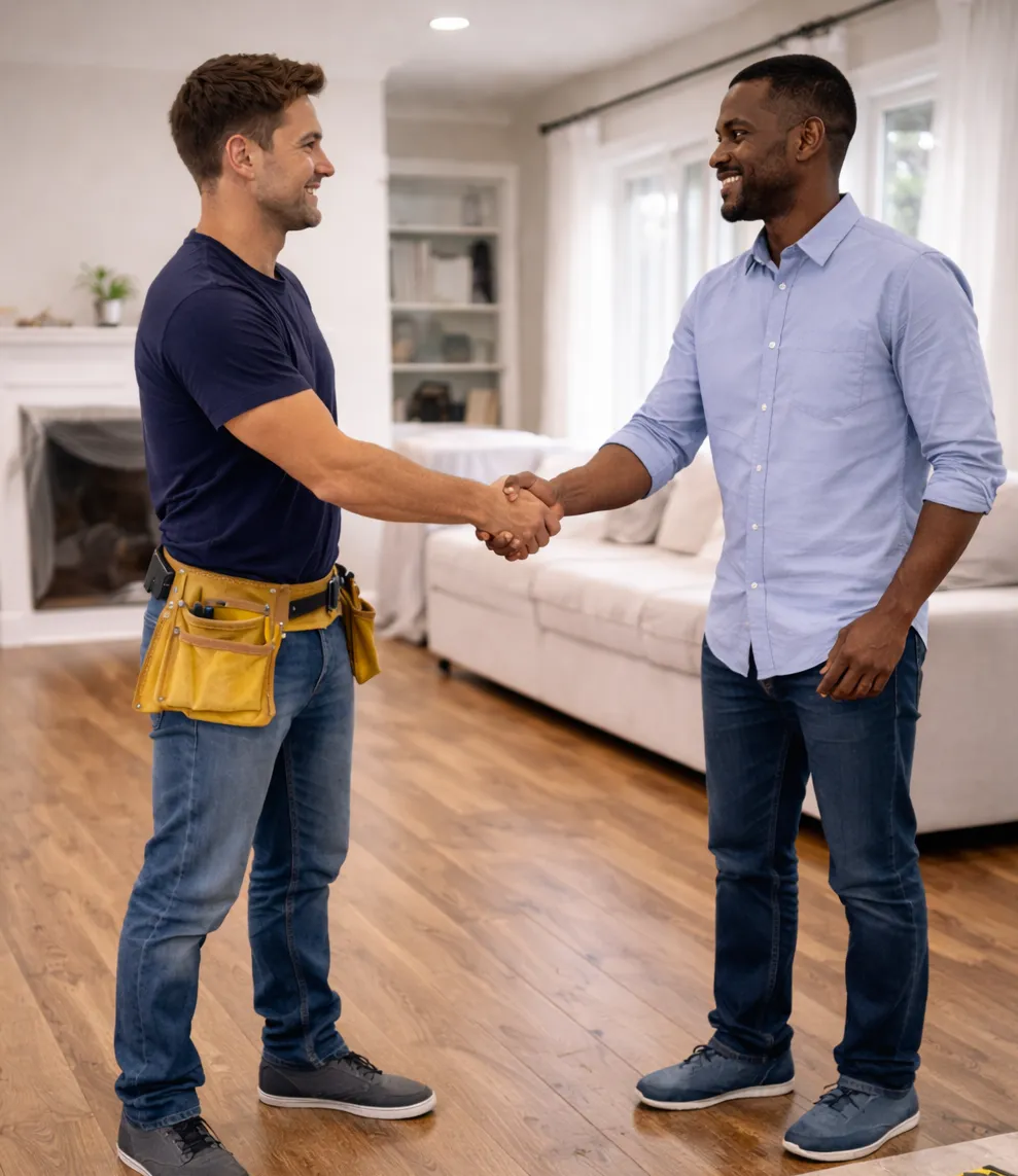 Handyman shaking hands with homeowner after completing home repair service in living room