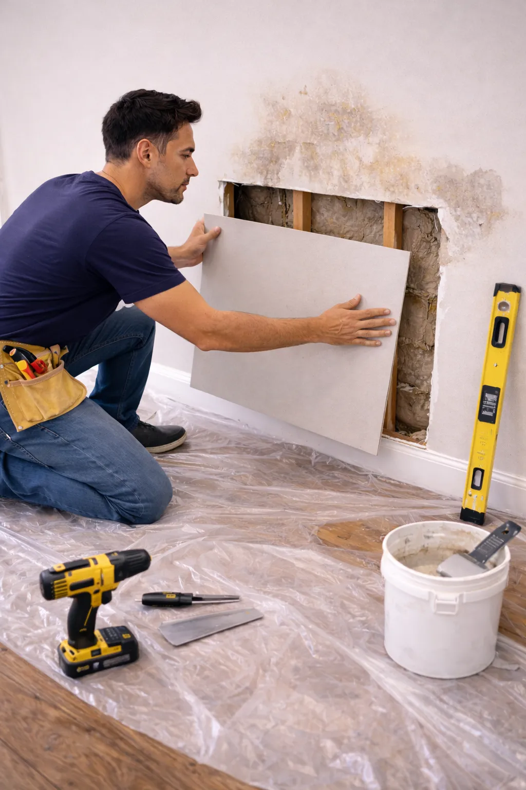 Handyman installing drywall patch and repairing damaged interior wall during home renovation