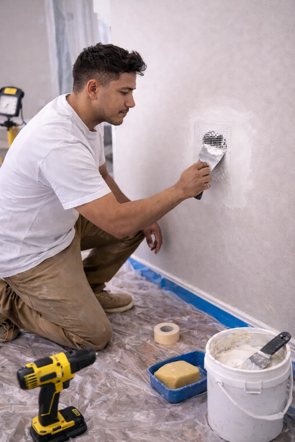 Handyman patching drywall hole with mesh tape and joint compound during interior wall repair
