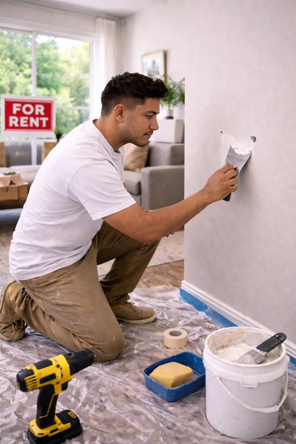 Handyman repairing drywall holes in rental property using joint compound and putty knife