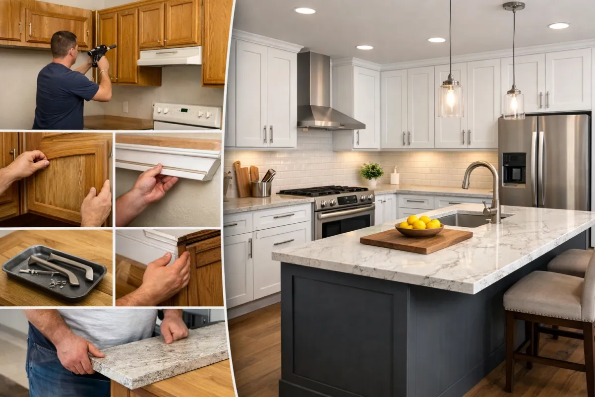 Handyman completing kitchen remodel with cabinet refacing, hardware installation, and countertop upgrade.