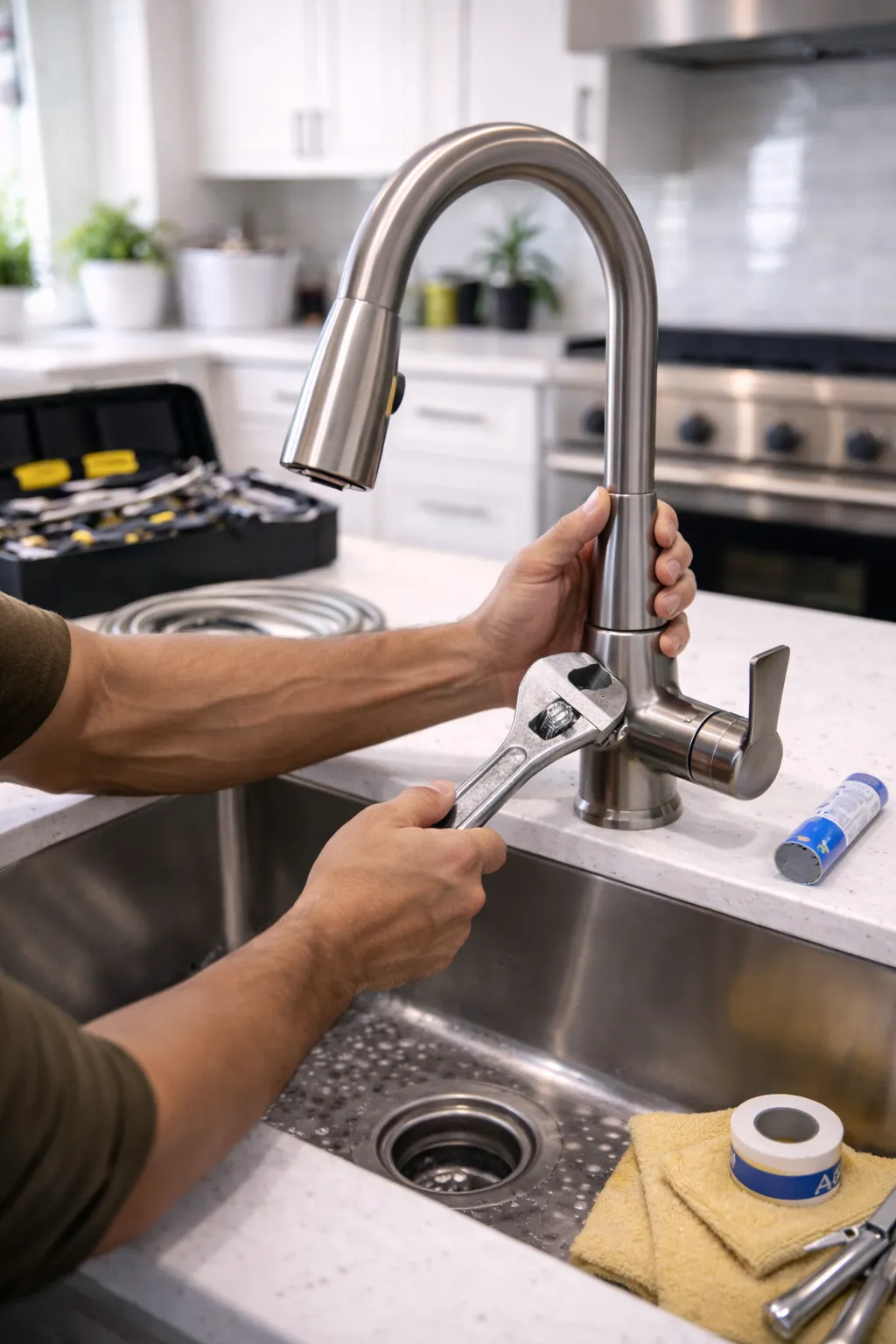 Plumber installing a stainless steel kitchen faucet with a wrench in a modern home sink.