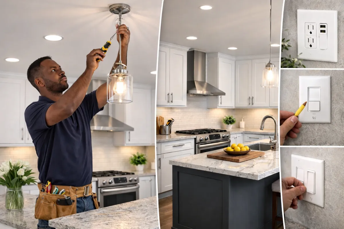 Handyman installing pendant light and electrical upgrades during modern kitchen renovation